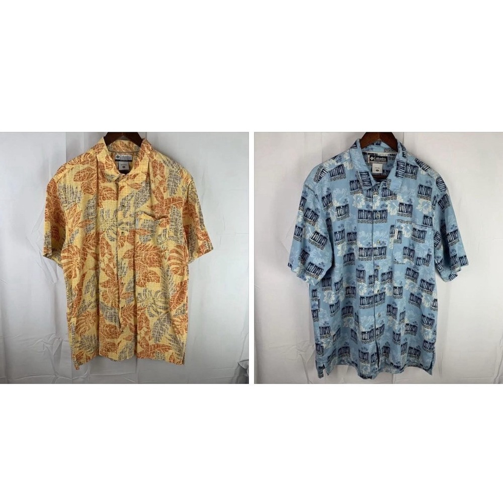 Lot of 2 Columbia Hawaiian S/S Shirt Mens Large Orange & Blue Floral Button